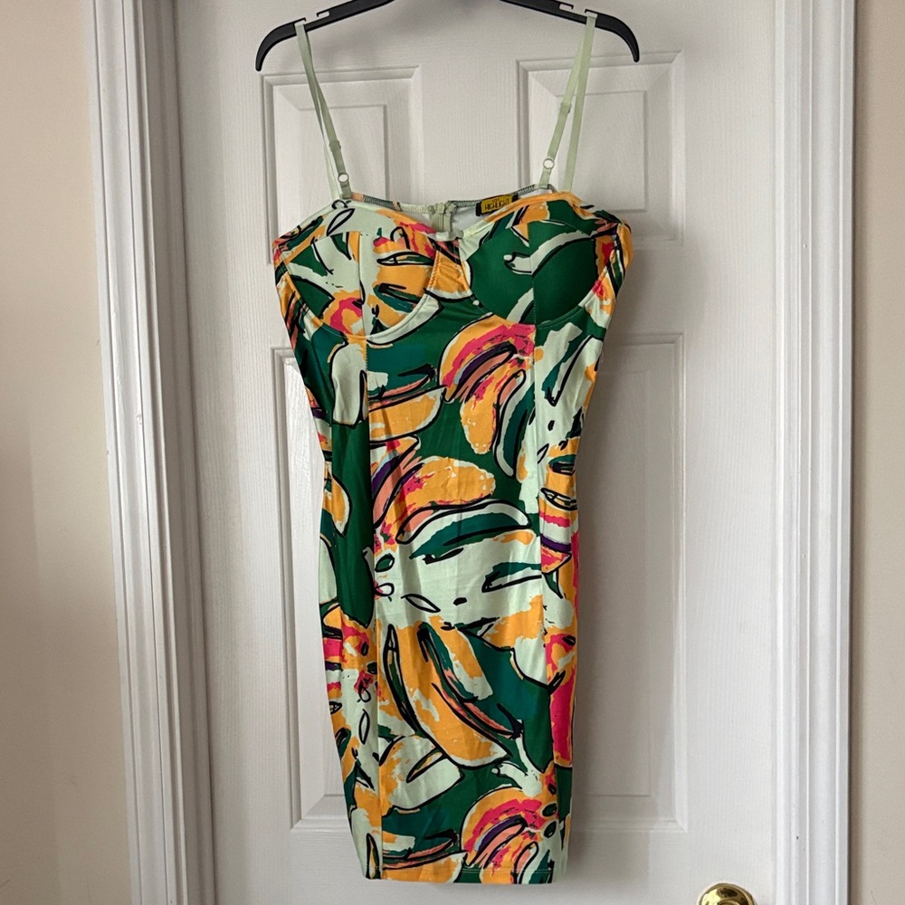 Tropical Print Mini Dress in Green and Orange